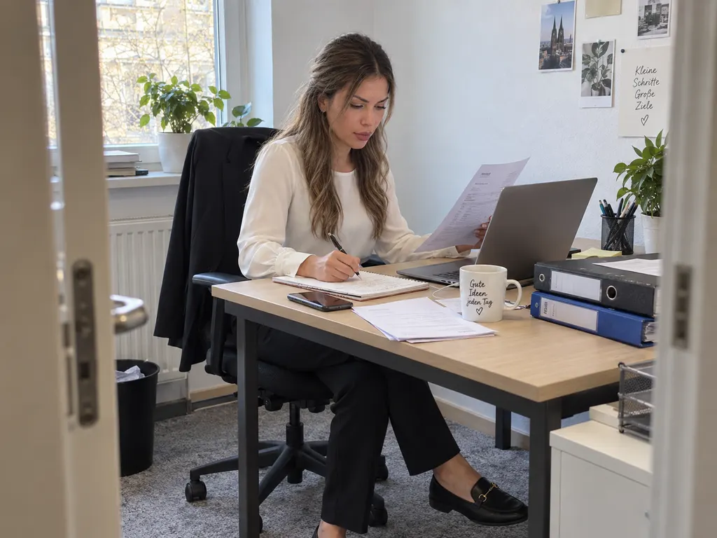 Burcu arbeitet konzentriert an ihrem Schreibtisch und prüft ein Schreiben
